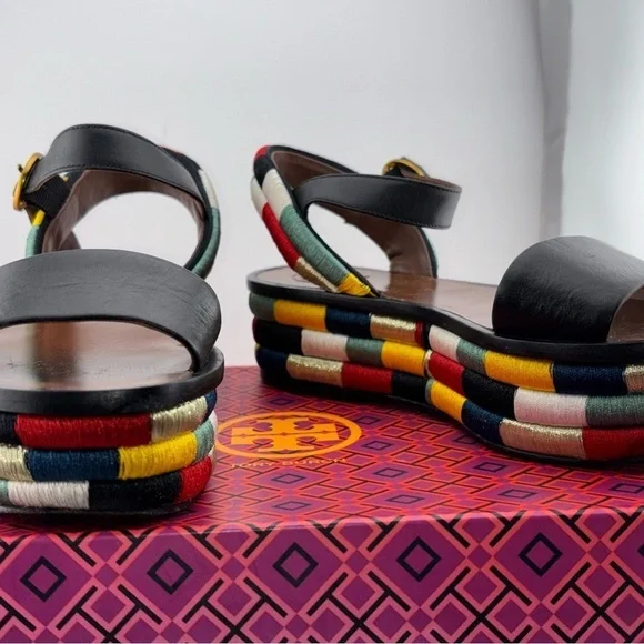 Tory Burch Leather Camilla Embroidered Platform Ankle Strap Sandals Size 5​​​​​ - Picture 5 of 16